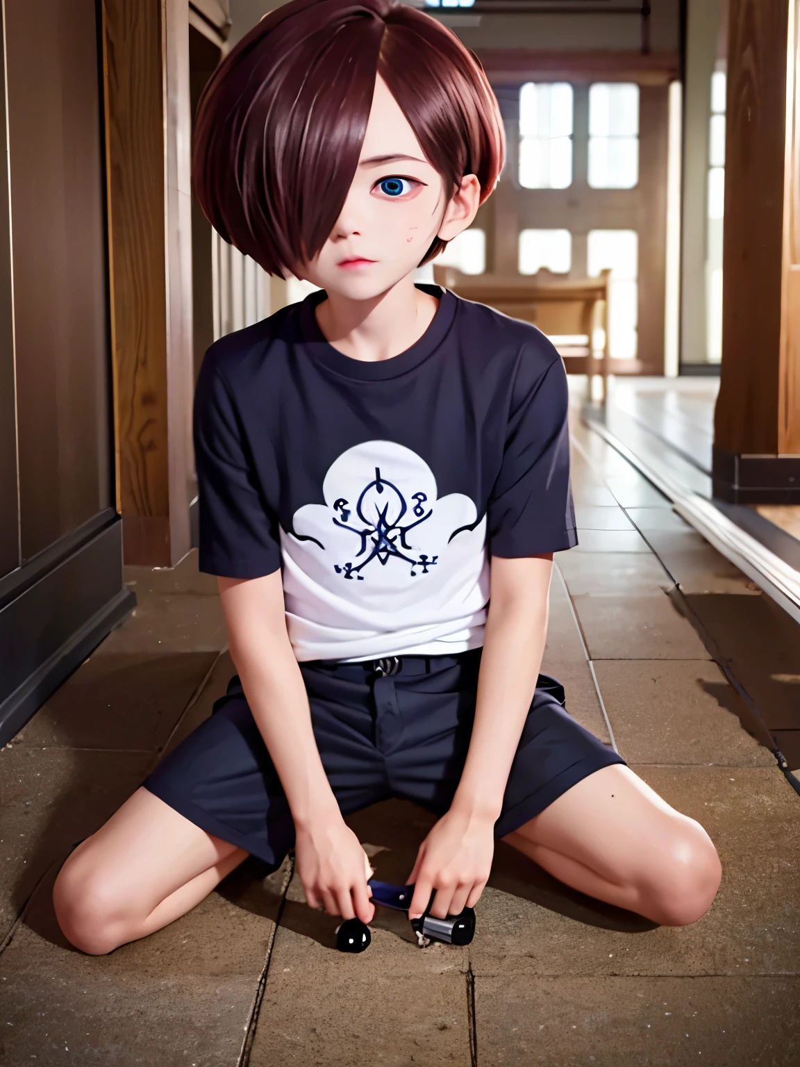 1boy, solo, male focus, kyoutarou_ichikawa, red hair, blue eyes, short hair, hair over one eye, bangs,Sitting on the ground, eyes closed, expression of pain, half body photo, Holding a wooden sword