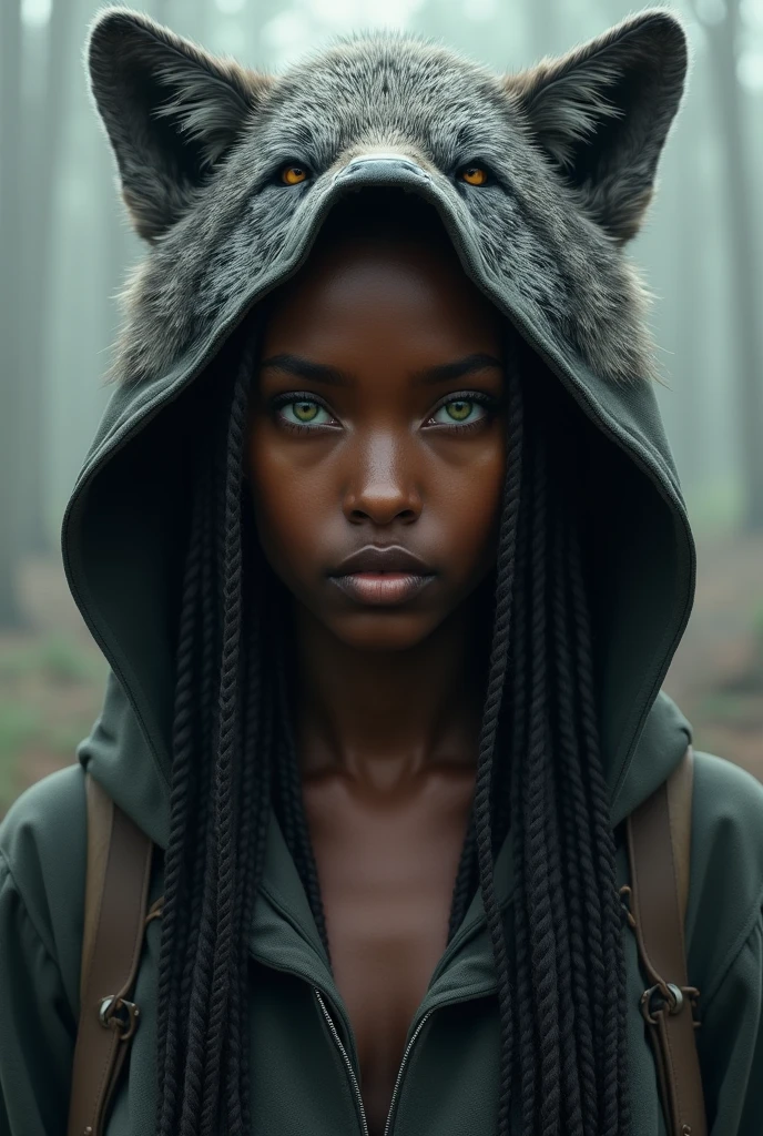 Only one
Only one 
Only one 2 girl with really dark skin 
Really dark skin 
Green eyes 
Long hair with African braids 
Using a gray wolf's head as a hood 
