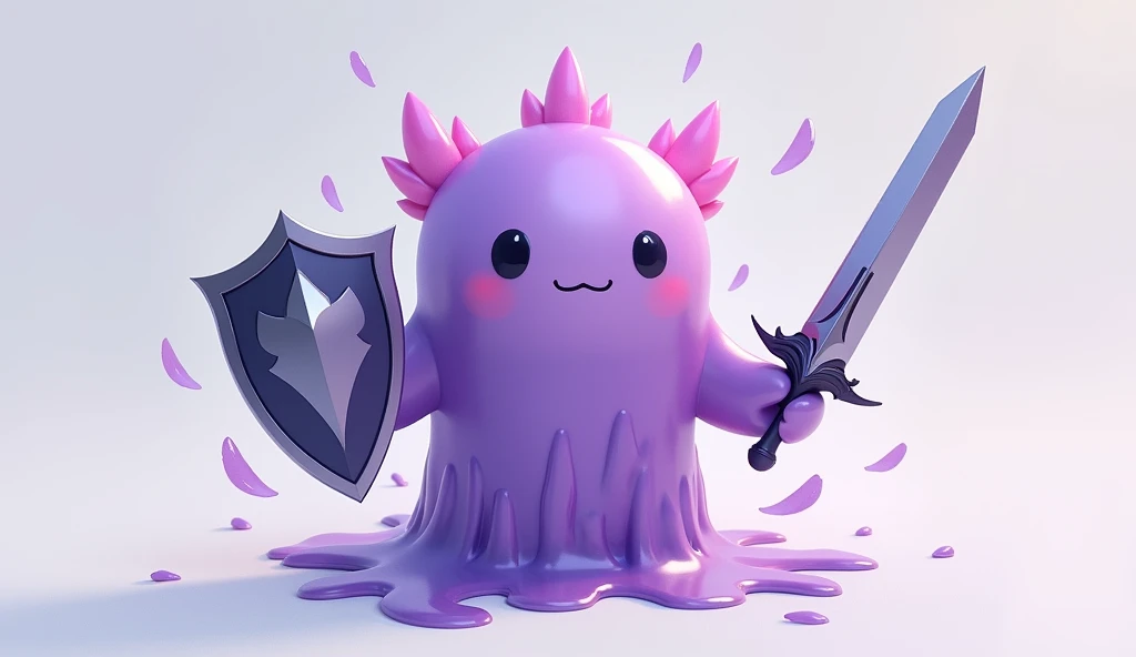 ((Highest quality)), ((masterpiece)), (detailed),A gel-like, disintegrating creature、Purple、No limbs、Holding a metal hero&#39;s shield in one hand and a metal hero&#39;s sword in the other、Her face is cute、One person、Gender: Male、Anime Style
