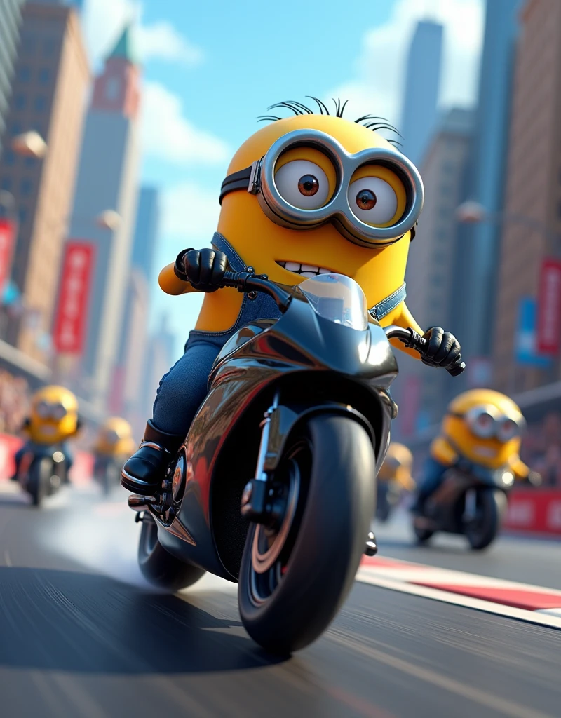 Minion Kevin black bike in bike race . Pedal to the finish line