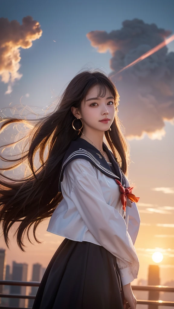 8k resolution, absurdres, cowboy shot, cyberpunk, girl, student, light smile, long hair, brown hair, bob hair, drop earrings, necklace, sailor shirt, sailor suit, sunset, city, Cinematic Lighting, beautiful detailed glow, floating ashes, beautiful and detailed explosion, red moon, fire, fire cloud, wings on fire, a cloudy sky, smoke of gunpowder, burning, black dress, dove of peace, (floating cloud:1.2)