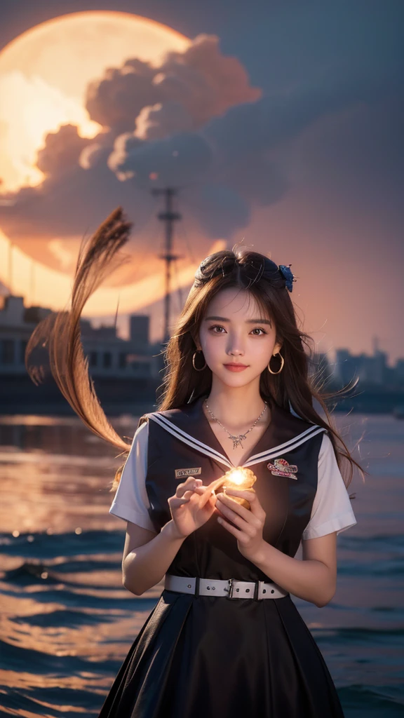 8k resolution, absurdres, cowboy shot, cyberpunk, girl, student, light smile, long hair, brown hair, bob hair, drop earrings, necklace, sailor shirt, sailor suit, sunset, city, Cinematic Lighting, beautiful detailed glow, floating ashes, beautiful and detailed explosion, red moon, fire, fire cloud, wings on fire, a cloudy sky, smoke of gunpowder, burning, black dress, dove of peace, (floating cloud:1.2)