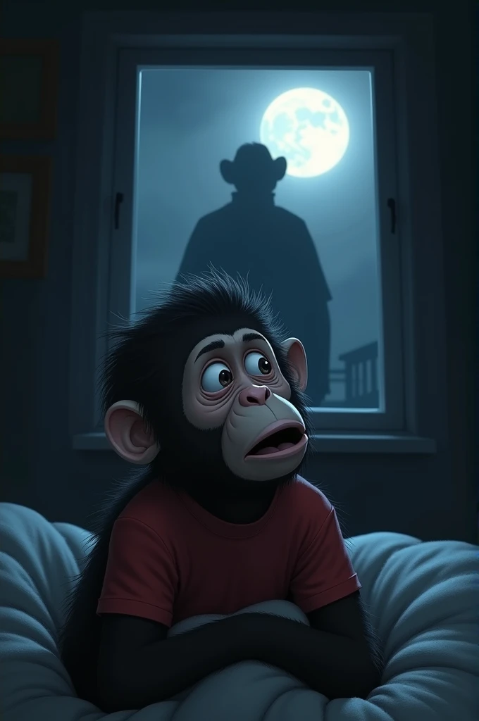 Samir, a human-like monkey, his shirt color red  sitting up in his bed with a frightened expression, his heart pounding. He nervously glances toward the window where a faint shadowy figure is visible outside. Samir slowly realizes that this figure is the man who killed his father and buried his body. The scene is dark, with the only light coming from the moon, casting eerie shadows in the room.