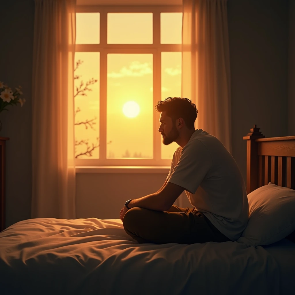 A man, sitting on a bed, the light of the evening falling from a window onto the