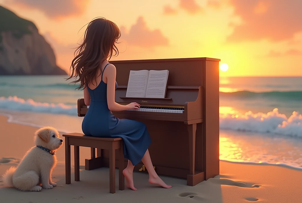 A whimsical scene of a woman playing a piano on the beach, viewed from behind. She wears a cute navy blue dress, and her hair is tousled by the gentle sea breeze. The piano is set on the sandy shore, with waves gently lapping nearby. A small, fluffy dog sits by her side, watching the ocean. The sun sets in the background, casting a warm, golden glow over the scene, creating a serene and magical atmosphere.