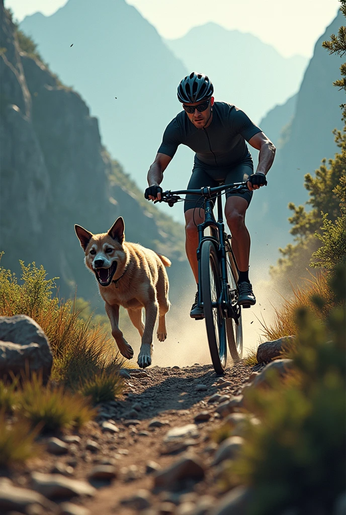 Cyclist descending from mountain bike, and a rabid dog running after the bike 