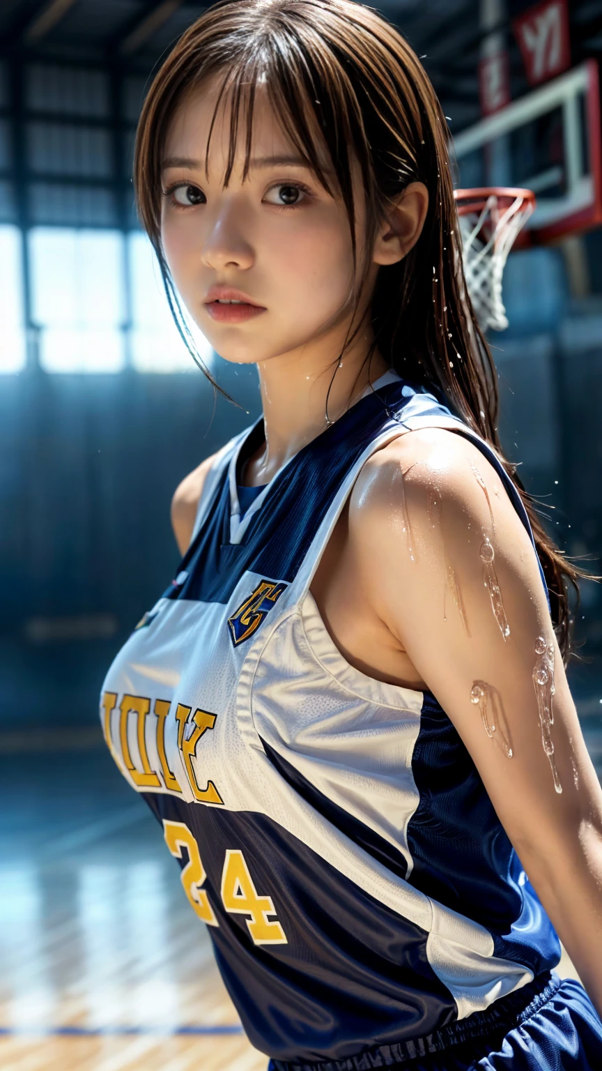 (masterpiece,highest quality,超A high resolution),japanese woman, (((Very beautiful 25 year old girl))), pretty girl、look at the photographer、 ((beautiful low ponytail)), super cute face, glossy lips, double eyelids in both eyes,natural smile、 natural makeup, long eyelashes, shiny smooth hair、center image, perfect limbs, perfect anatomy,(((Basketball Sleeveless Uniform)))、,(wet with sweat),,look back,See-through