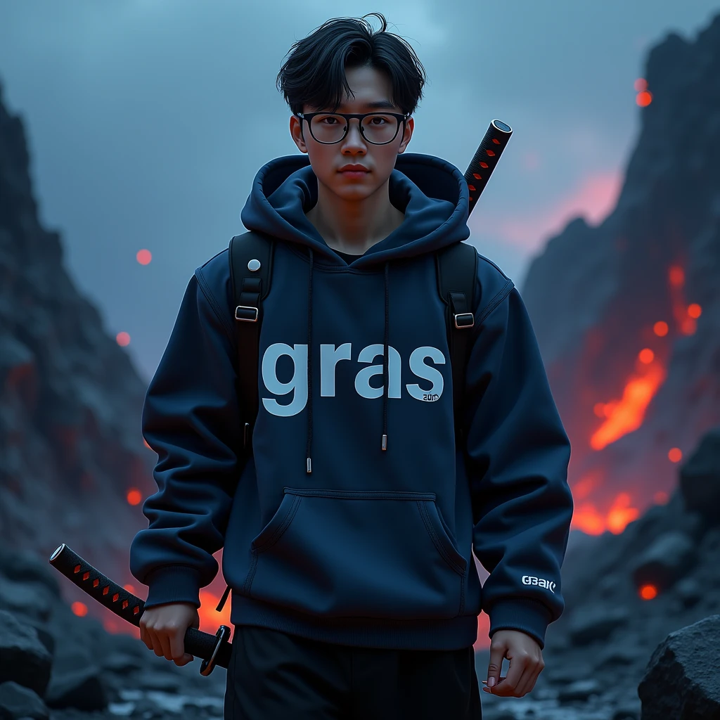 Create a character hoodie,{{background: darkness blue vulcano}, HD(backgound text: “GLBK”)},
realistic, HDR, use glasses, handsome, korean style, full body, use katana, age 20, hoodie text: “PRAS”