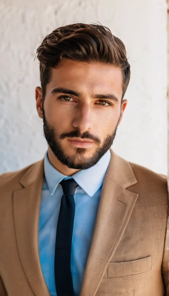 A beautiful 25 years young Italian man with a short beard and short hair, in a suit, in front of a white wall look in the camera. Rising sunlight.
