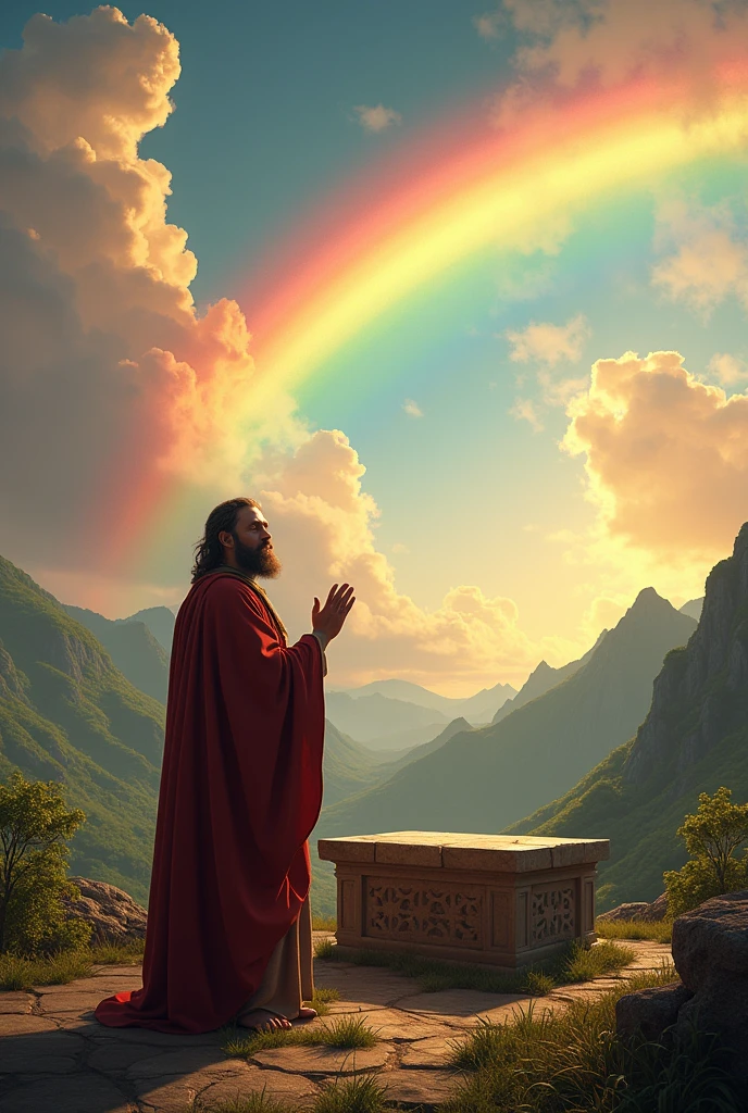 Noah offering a sacrifice on the altar, a big rainbow in the sky.