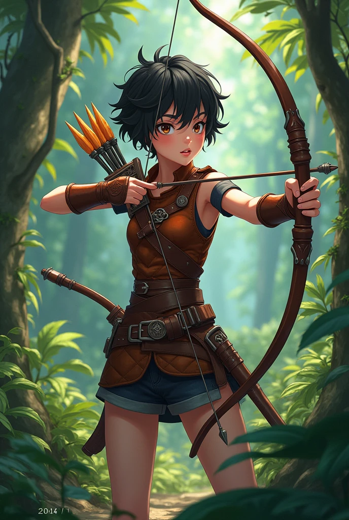 Female anime boy with short black hair jungle explorer archer fantasy dungeons and dragons leather armor brown eyes