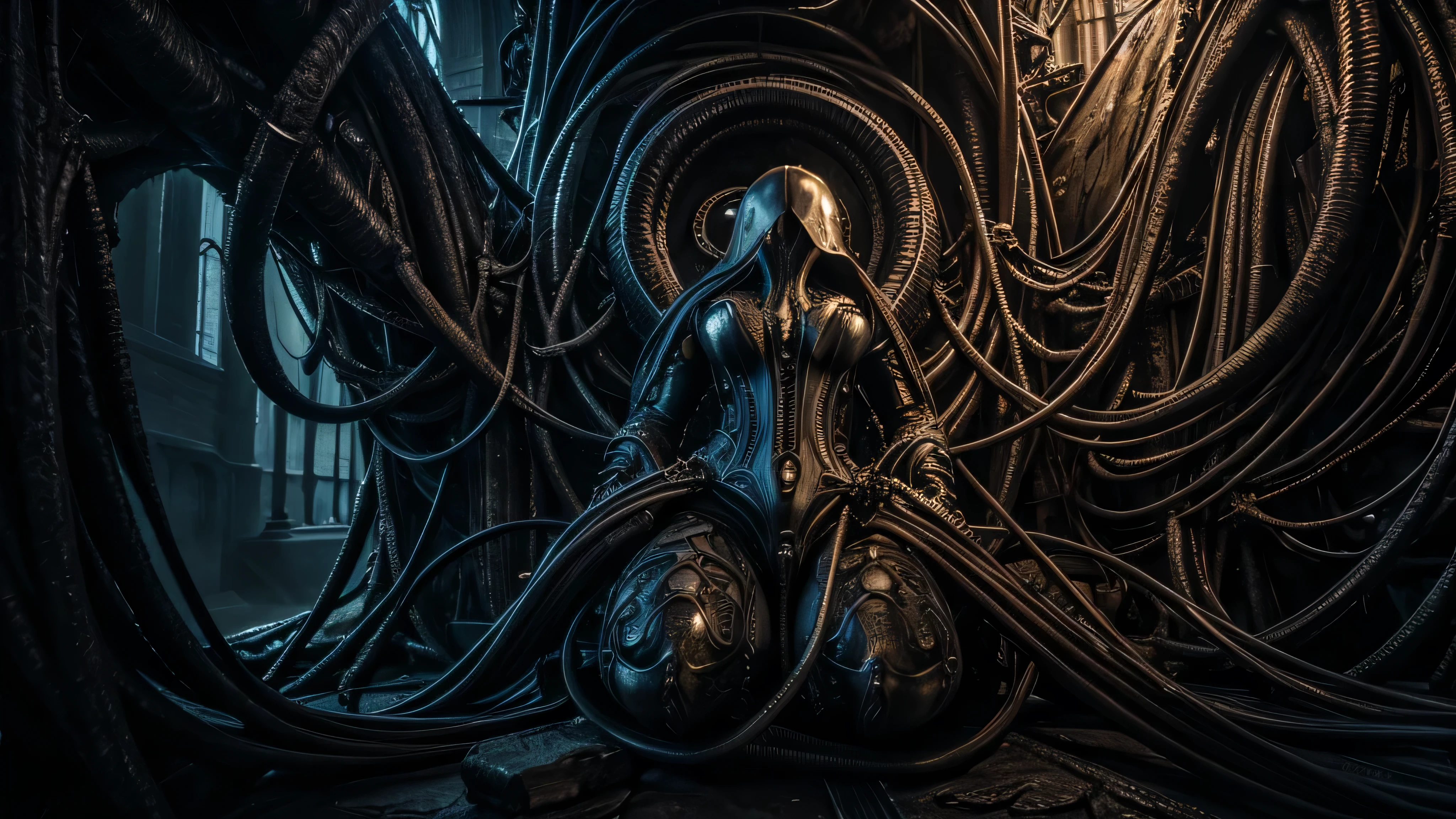 (masterpiece), (great), (Extremely fine), ultra detailed, Wallpaper 4k, viewer, Giger, Baroque, Goddess, Cables, Gothic, Lovecraft, 150 mm