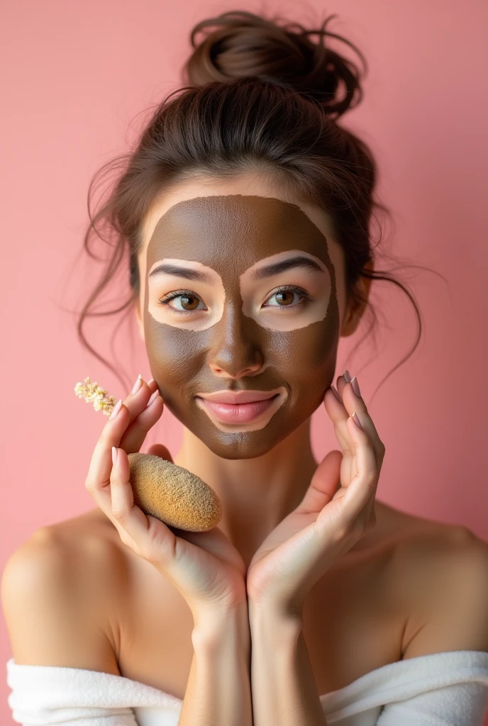 Creative and aesthetic Shoot  with pink or white background of female model with props applied coffee mud face mask  . Use props in hands in pictures