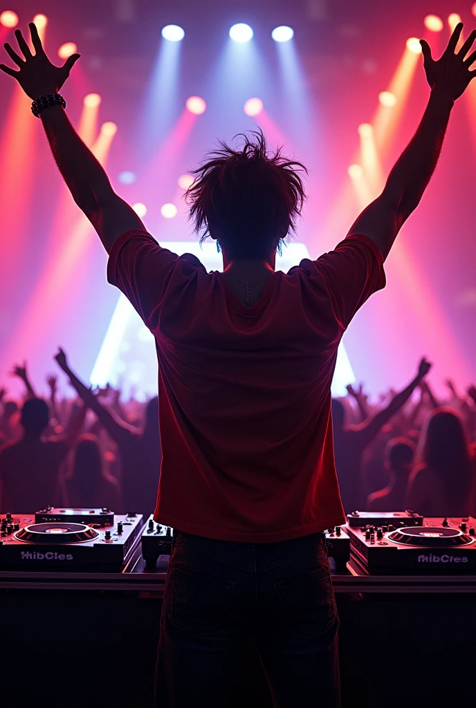 a crazy dj who raises his arms to the sky while shouting