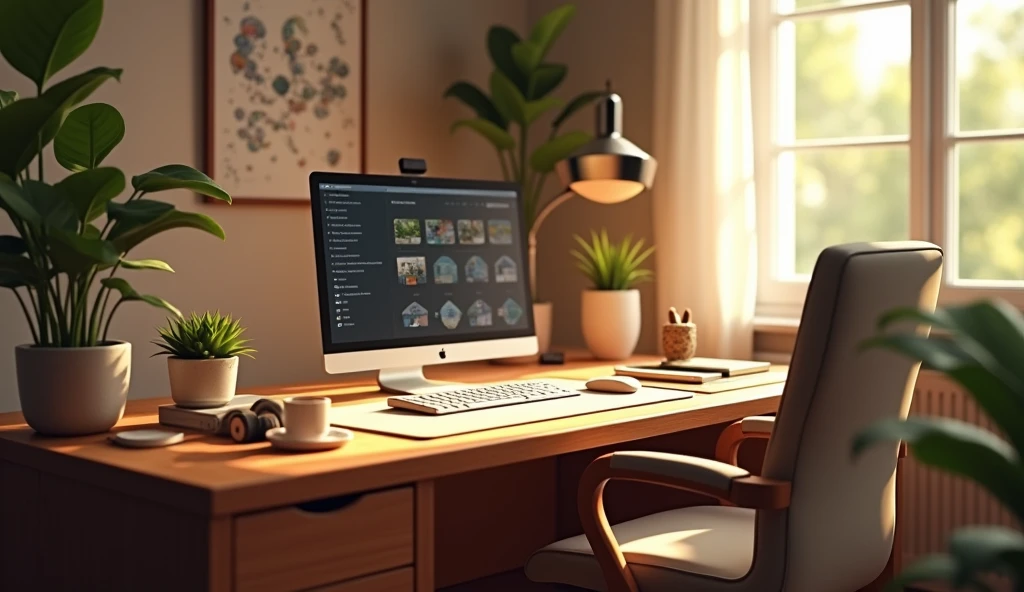 desk,Warmth,have、keyboard、mouse、Beautiful table mat、还have很多小装饰、desk lamp,很Warmth,Realistic style