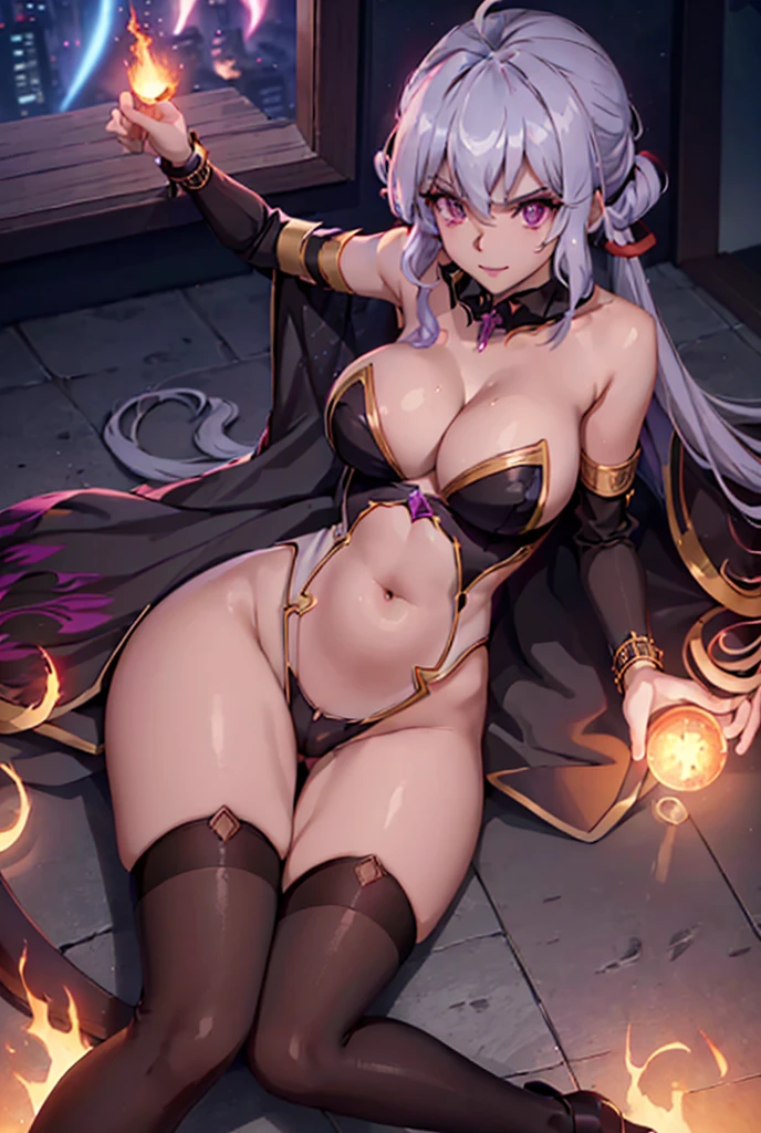 ((masterpiece)), ((best quality)), (high resolution), (illustration), (an extremely delicate and beautiful), (ultra detailed beautiful face and eyes), nsfw, 1girl, leaning forward, YukineChris, long hair, purple eyes, twintails, low twintails, ahoge, large breasts, satin playboy bunny, fishnet pantyhose, red a bow tie, volumetric lightning, detailed skin texture, detailed, volumetric shadow, anime screencap,bukkake, Lying down、Highest quality, Sorceress, ancient babylonian nobility, ((tan skin:1.2)), (brown skin color),Long hair, twin braids, hair ornament, wine colored hair, smile, Below average size breasts, bare shoulders, (underboob:0.9), (thighs:0.9), athletic, Babylonian dress, fantasy, navel cutout, two veils from neck to thigh covering breasts, (sideless:1.1), (thighhighs:0.9), sitting, pose, mesh under bodystocking, (fireball:1.1), (flames:1.1), classy babylonian room, night, (underlighting:0.9), sharp focus, looking at viewer, (intricate:1.1), (purple tone:1.1), (red tone:0.9), ancient persian panorama seen from a window, llustration, anime coloring, high contrast, holding a single wine glass in right hand, holding a magical fireball in left hand, adult, bridal gloves, detached sleeves, veiled sleeves, loose sleeves, ornate jewellery, jewelled metal bracelets, choker, (vibrant makeup:1.4), (vibrant eyeliner:1.4), (vibrant bodypainted lines:0.7), athletic, toned, high heels, background has exquisite furniture, dragon skull mounted on a wall, magical staff mounted on a wall, bookcases, ancient scrolls, magic tome open on a pedestal, expensive cushions,Nude