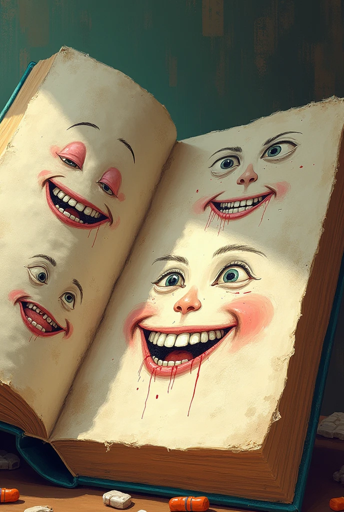 Fake smiles drawn in crayon on pages 