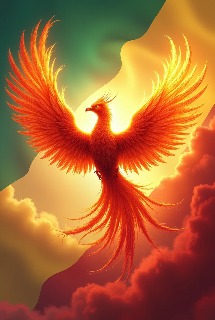 Colourful fire Phoenix rising with Ethiopian flag on the sky
