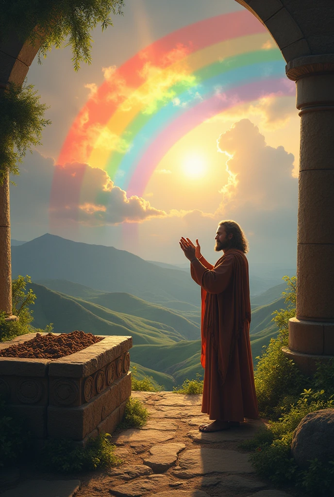 Noah offering a sacrifice on the altar, a big rainbow in the sky.