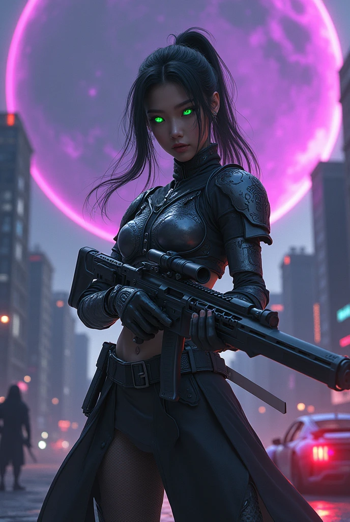 (photorealism:1.2) three dark purple planets, asian Girl with cyberpunk armer and Green strahlende Augen and Samurai sword and rifle, dark ghost, street and racecar