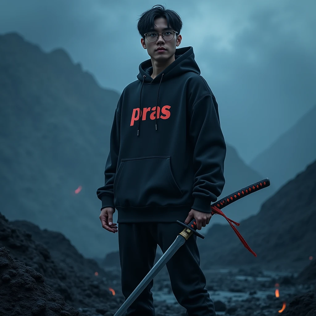 Create a character hoodie,{{background: darkness blue vulcano, HD text: “GLBK”}},
realistic, HDR, use glasses, handsome, korean style, full body, use katana, age 20, hoodie text: “PRAS”