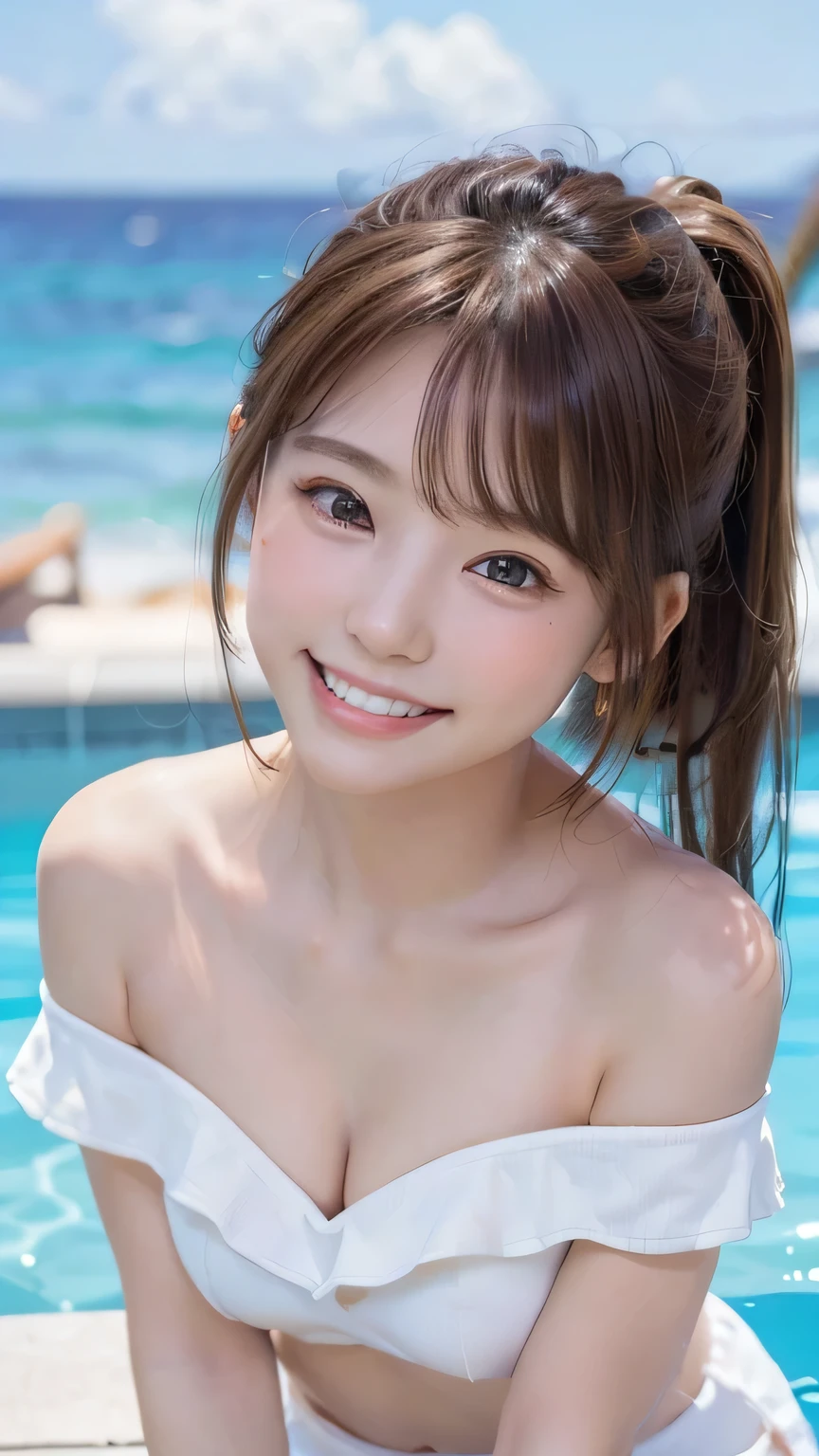 (Ultra-high resolution, DSLR camera shot, 8k, highest quality, high resolution, highest quality, highest resolution, very beautiful woman, perfect anatomy), light brown eyes, very light brown eyes, small diamond-shaped earrings, looking directly at the camera, beautiful brown hair, ((, loose and cute medium ponytail)), very short and beautiful bangs on brown hair, showing beautiful décolleté, beautiful 20-year-old, lip gloss, smiling very happily, very cute smile, upper teeth, beautiful teeth, (random beautiful summer ocean or pool horizon (background only)), slightly larger eyes, small face, tall supermodel, beautifully shaped model, random cute pose, dynamic angle, eye focus, head tilt, very detailed and realistic, very beautiful 20-year-old, ((medium shot)), sharp jawline, off-shoulder top, shorts, deep waistline, sexy legs, side view, smiling very joyfully, laughing, summer daytime.