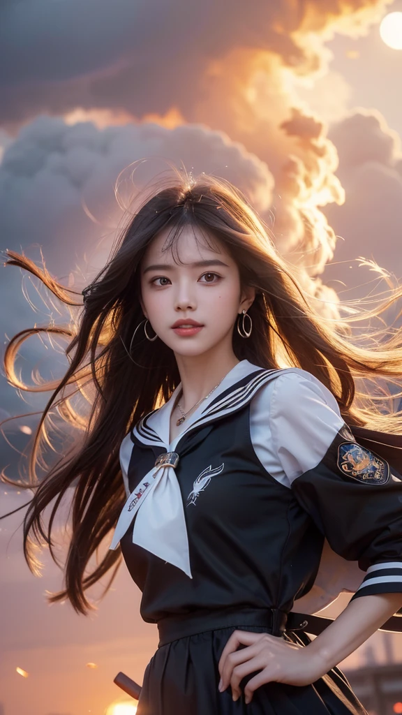 8k resolution, absurdres, cowboy shot, cyberpunk, girl, student, light smile, long hair, brown hair, bob hair, drop earrings, necklace, sailor shirt, sailor suit, sunset, city, Cinematic Lighting, beautiful detailed glow, floating ashes, beautiful and detailed explosion, red moon, fire, fire cloud, wings on fire, a cloudy sky, smoke of gunpowder, burning, black dress, dove of peace, (floating cloud:1.2)