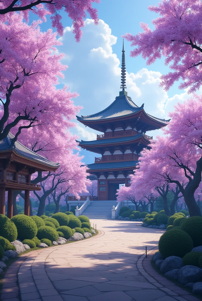 Generates a webada to a Japanese temple with cherry trees with purple petals 