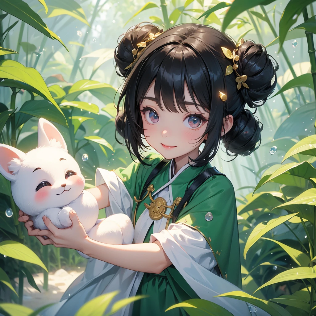 A chibi child girl had a small face and Wearing white little Taoist priest's outfit. A pair of big round eyes shone with curiosity about him. This child was so cute,her hair is black with two buns on her hair.small chibi, chibi baby, smiling ,Chibi.
The back is a lush green bamboo forest. The air after rain has water droplets splashing around.