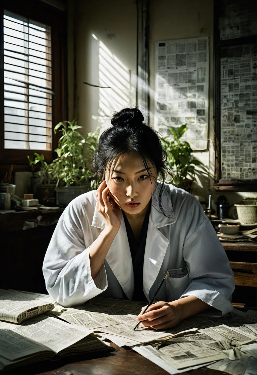 Beautiful botanical genius, Misaki Sato, 28, Japanese, long black hair in a messy bun, concentrated expression, in a dimly lit laboratory, early morning sunlight streaming through venetian blinds, creating stark shadows, papers and broken glass strewn across floor, empty clematis specimen case prominent on central table, drawers pulled out, computer with cracked screen, distraught genius Beautiful botanical Misaki in foreground, hand over mouth, eyes wide with shock, wearing previous day's wrinkled lab coat, detective in background taking notes, forensic team dusting for fingerprints, police tape across doorway, clock on wall showing 7:15 AM, hyper-realistic, dramatic lighting, crime scene photography style, intricate detail, faded, highly detailed eye, 16k resolution, RAW, Nikon Z9, creative, masterpiece, fantasy, super detailed, high resolution, high quality, 8k, realistic, super detailed Dramatic Lighting, Soft Focus, Digital Illustration, Intricate Mechanics, Advanced Techniques, Dark Backgrounds, Cinematic, High Contrast, Moody, Atmospheric, (Top Quality, 4k, 8k, High Definition, Masterpiece: 1. 2), Ultra-Detailed, (Realistic, Graphic, Photorealistic: 1. 8) -- No glass --AR 16:9 --Stylize 1000
