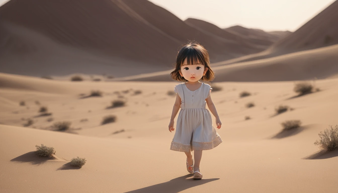 Chibi Girl、Walking through the desert under the scorching sun、Sweat、heat haze、Cute Shoes、whole body、A landscape of nothing but sand、Very detailed、Ultra-realistic、Photorealistic、8K、Hyperrealistic、masterpiece、Beautiful detailed eyes、Beautiful detailed lips、Very detailedな顔、Long eyelashes、Beautiful young girl、Beautiful lighting、Cinematic、Intricate details、Soft Focus、Depth of written boundary