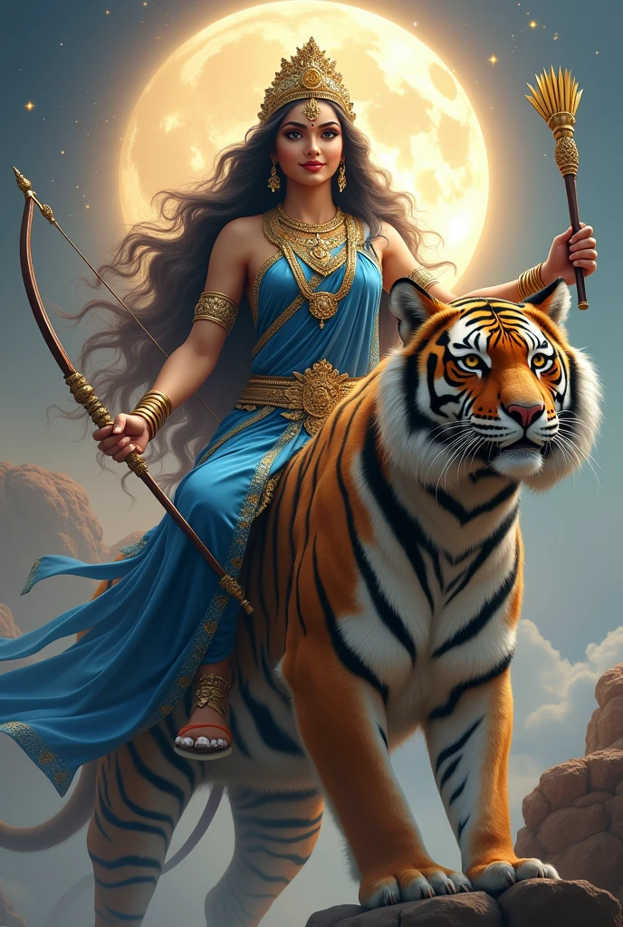 "Create an ultra-realistic image of the beautiful Goddess Chandraghanta, depicted in her divine form, wearing a royal blue saree with a matching royal blue blouse. The saree should be richly detailed with intricate gold embroidery, symbolizing her royal status and celestial power. Her skin should glow with a soft, radiant light, reflecting her divine nature. Her face should be serene yet powerful, with large, compassionate eyes that exude both grace and strength. A serene smile should adorn her face, conveying her peaceful nature and her commitment to the welfare of her devotees, she have extreme long hair, beautiful hair, long flowing hair, long wavy hair.
((((((There is a ((((((half moon)))))) on her tiara.))))))
She has only two hands.
In the right hand she is holding a majestic designed extreme big bow.
In the left hand she holds majestic big arrows.
She should be riding on an extremely large and powerful tigress, symbolizing her strength, courage, and readiness to protect her devotees. The tigress should have a fierce yet loyal expression, perfectly complementing the goddess's commanding presence.
The background should be a celestial landscape, with soft, glowing light that enhances the divine atmosphere. Elements like the moon and stars should be subtly incorporated to reflect her connection to the celestial realm. The overall image should capture the essence of Goddess Chandraghanta’s beauty, strength, and protective nature, presented in a highly realistic and detailed manner, with her mount emphasizing her power and readiness for battle."