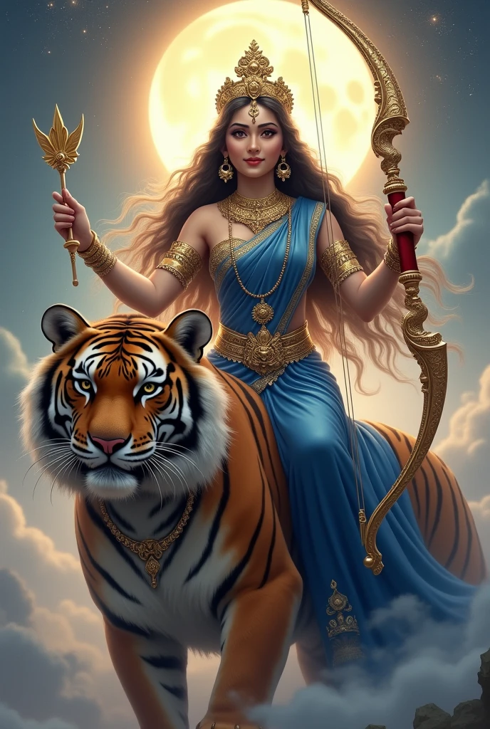 "Create an ultra-realistic image of the beautiful Goddess Chandraghanta, depicted in her divine form, wearing a royal blue saree with a matching royal blue blouse. The saree should be richly detailed with intricate gold embroidery, symbolizing her royal status and celestial power. Her skin should glow with a soft, radiant light, reflecting her divine nature. Her face should be serene yet powerful, with large, compassionate eyes that exude both grace and strength. A serene smile should adorn her face, conveying her peaceful nature and her commitment to the welfare of her devotees, she have extreme long hair, beautiful hair, long flowing hair, long wavy hair.

((((((There is a ((((((half moon)))))) on her tiara.))))))

She has only two hands.
In the right hand she is holding a majestic designed extreme big bow.
In the left hand she holds majestic big arrows.

She should be riding on an extremely large and powerful tigress, symbolizing her strength, courage, and readiness to protect her devotees. The tigress should have a fierce yet loyal expression, perfectly complementing the goddess's commanding presence.

The background should be a celestial landscape, with soft, glowing light that enhances the divine atmosphere. Elements like the moon and stars should be subtly incorporated to reflect her connection to the celestial realm. The overall image should capture the essence of Goddess Chandraghanta’s beauty, strength, and protective nature, presented in a highly realistic and detailed manner, with her mount emphasizing her power and readiness for battle."