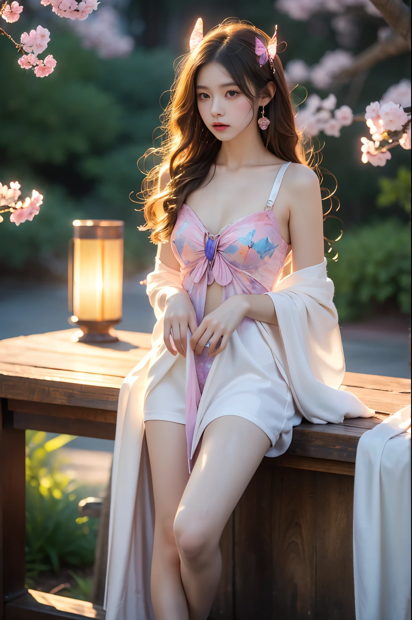  underwear elegant posture, She gently lifted her skirt with one hand,头发周围有白色的Butterfly兰，Lilac dendrobium、White Lily, Long legs , Deep in Wonderland, ((Flowing long hair))Official Art , Unity8k Wallpaper , Extremely detailed , Visible cleavage, Pretty and beautiful , 性感Long legs, masterpiece , best quality ,Practical, Very detailed illustrations ,Extremely detailed , Intricate details , Extremely complex and detailed , Very detailed 8KCG wallpaper , Caustics .reflection , Ray Tracing , Devil theme ,nebula ,Dark aura, Network Effects , (1 girl)solitary , 小蓝Butterfly , (Blue plasma flame , (insect , Butterfly)) Pastel tones in Rococo style ,Light white and light dark red , Incredibly beautiful , Cherry blossoms , Surrealism ,painting , Ethereal , Mixing reality and fantasy elements ,Ray Tracing , Complex Mode , Exquisite lines , Perfect your hands, Starry Sky , Colorful , Star