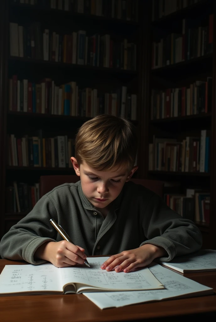 A realistic picture of a student sitting on a chair with a pen in his hand and in front of him a table with a torn paper containing some math equations. The picture reflects the student's struggles and patience. The angle of the picture is suitable to be a file photo for a page dedicated to this topic. The background is dark with shelves behind the student holding books.