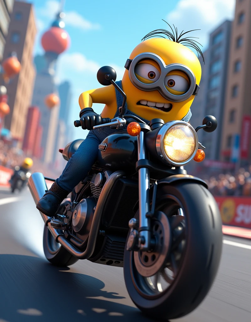 Minion Kevin black bike in bike race . Bike to the finish line Bike to the finish line Bike