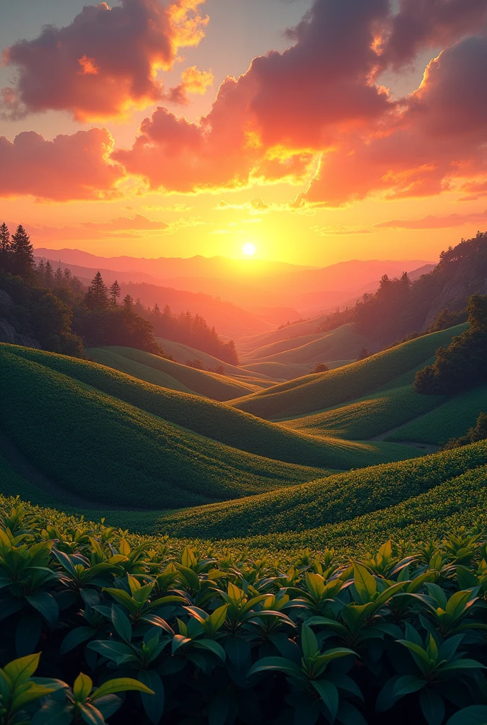 ((Sunset)), ((coffee plantation))