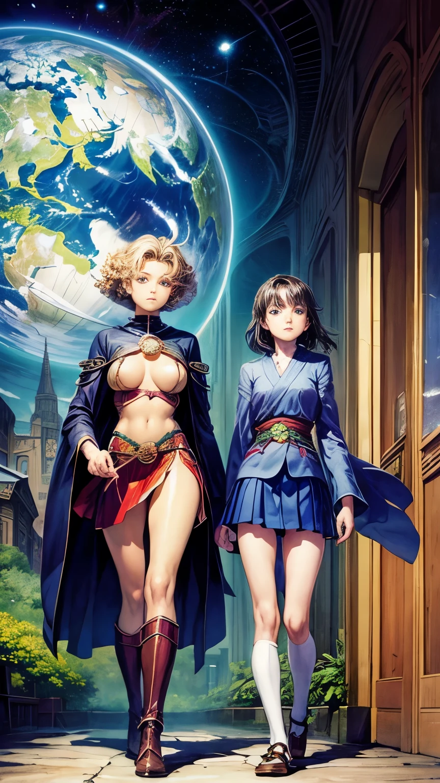 DON FREEMAN, Mati Klarwein, Harriet Isabel Adams, Beryl Cook, Frank Wright, surrealism Mysterious Weird Fantastic Fantasy Sci-Fi, Japanese Anime, Cracked Mirror, Celestial Globe, Walking Seashell, Evolving Miniskirt Beautiful High School Girl, perfect voluminous body, detailed masterpiece