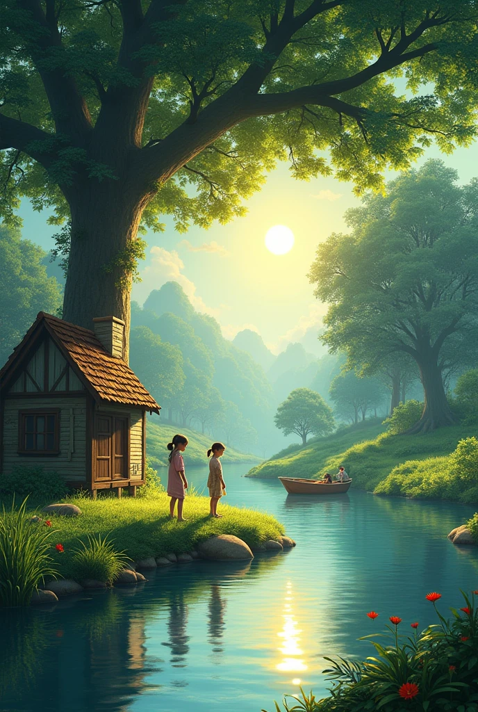 nature scenery Tree sun river boat little house with children