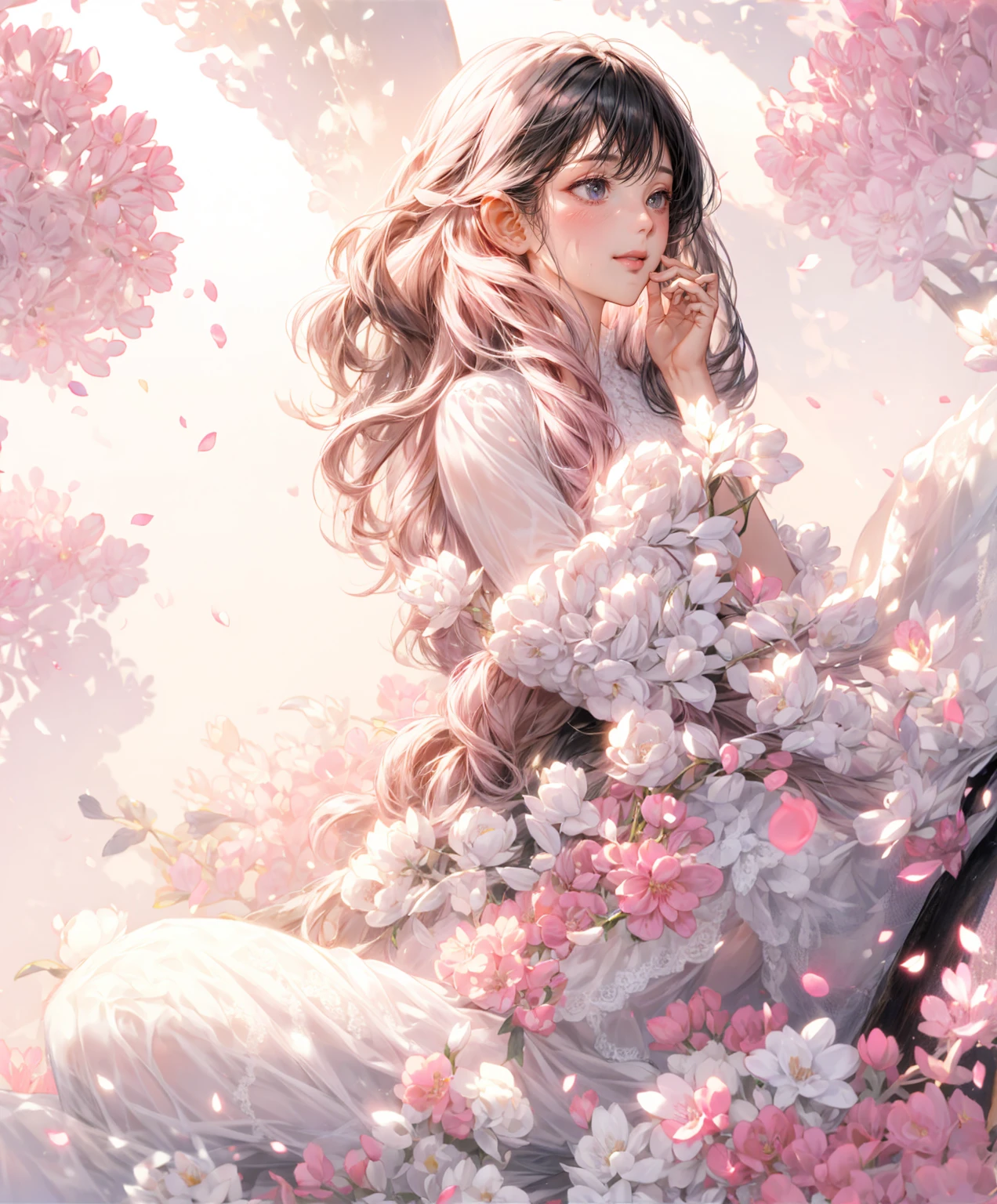 Light pink lace long sleeve dress holding a white flower in your hands Black long hair Background white Stickers whole body front A gentle smile