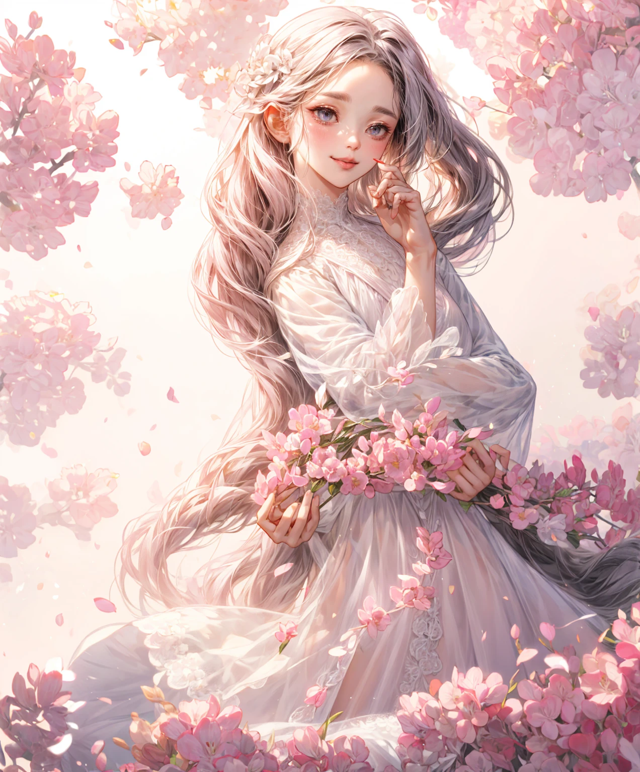 Light pink lace long sleeve dress holding a white flower in your hands Black long hair Background white Stickers whole body front A gentle smile