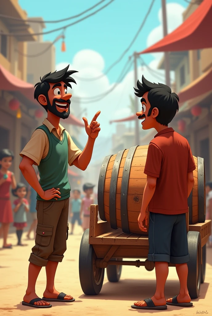 Raju enthusiastically explaining his plan to Kishan, pointing towards a cart with a barrel on it.