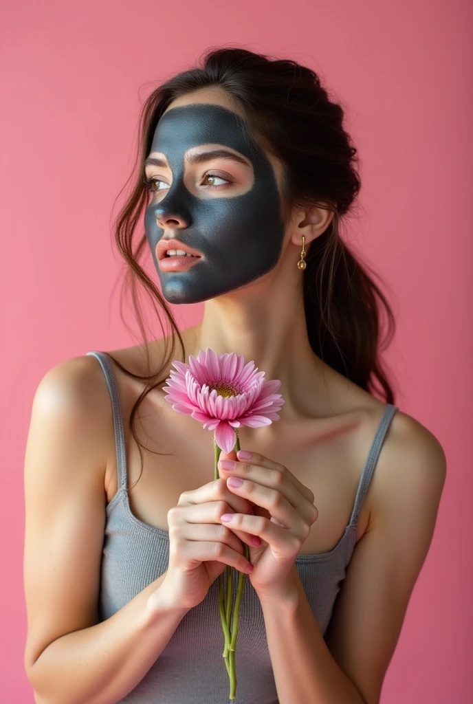 Creative and aesthetic Shoot  with pink or white background of female model with props applied charcoal face mask  . Use props in hands in pictures