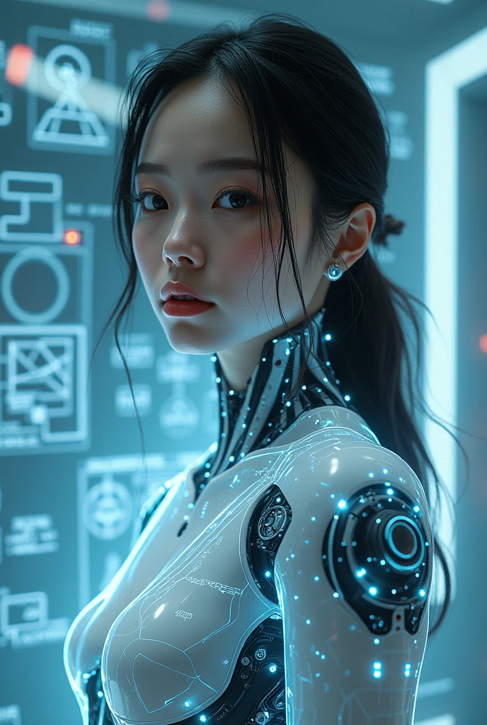 (masterpiece: 1.2, exceptional quality, mirror-like, cinematic experience, photorealistic: 1.5, RAW photo: 1.5, ultra-detailed), 8k, wallpaper, (holographic representation of blueprints: 1.5), (beautiful woman: 1.5), female cyborg, (female cyborg design: 1.5), (front view drawing: 1.5), (avant-garde design: 1.5), (detailed blueprint drawing: 1.5), (numerous notes on the setting: 1.5), (beautiful face, beautiful eyes, beautiful hair),