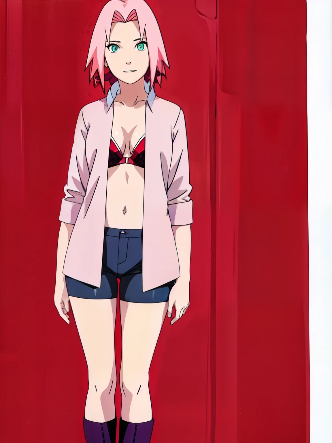 Open shirt showing small breasts wearing full body bra