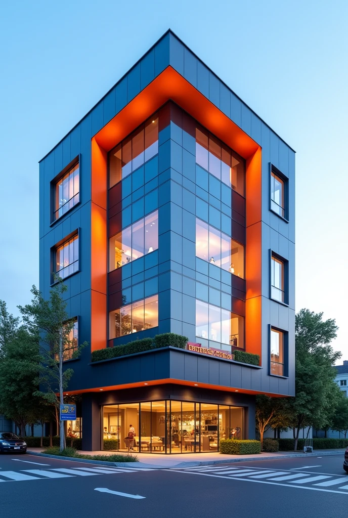 A modern blue and orange building on the side of the road with a real estate agency on the ground floor