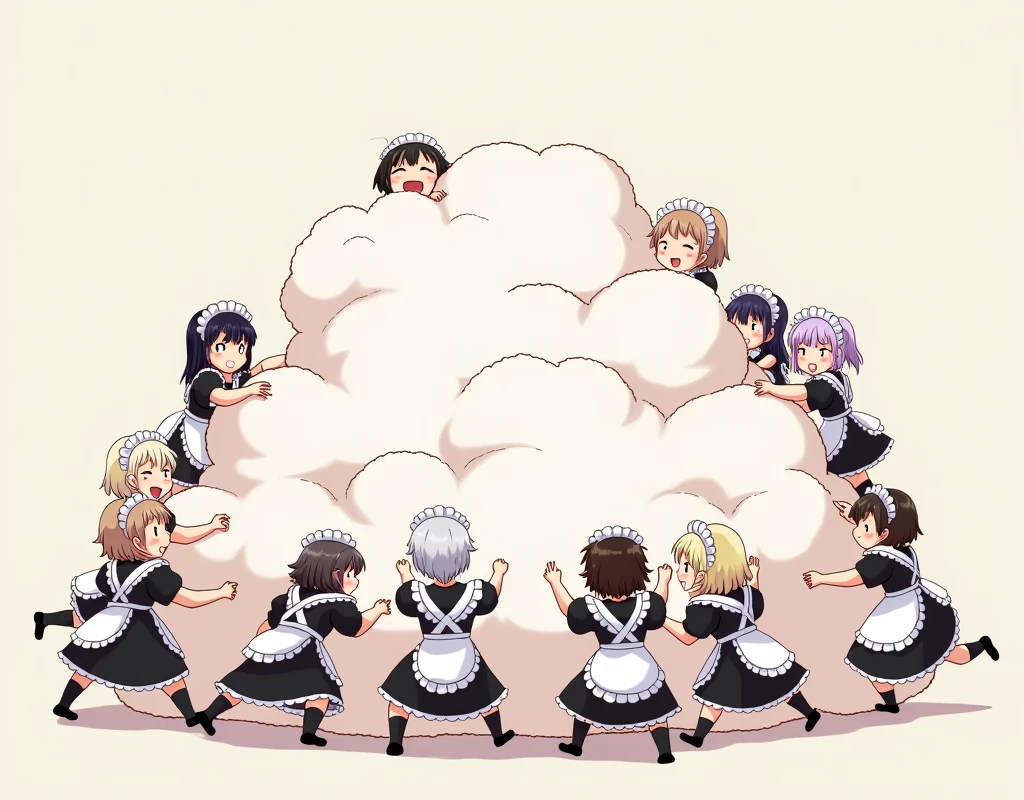 An anime-style illustration depicting hundreds   
of maids playfully wrestling with each other,
each maid has different  colored hair.
their faces,hands,and feet are visible emerging from the cloud as they tussle humorously,  with the rest of their bodies completely hidden inside the cloud.
the illustration emphasizes the humorous and energetic nature of their scuffle,with a fluffy  and exaggerated fight cloud.