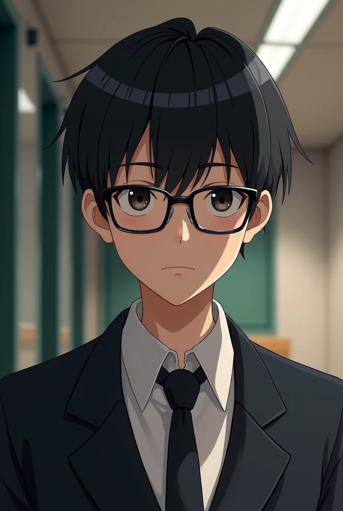 A high school boy wearing glasses, black hair, black eyes, tall, good looking, fair skin, small eyes, a nerd who is good at studying, square black glasses, crew cut hair, hair covering the eyebrows, hair covering the forehead, an introvert, not sweet but not strong, small eyes, not sweet eyes, black eyes.