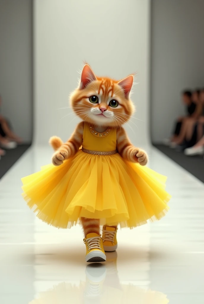 (photorealism:1.2), cute ginger cat, yellow ballgown with sneakers, walking on the runway