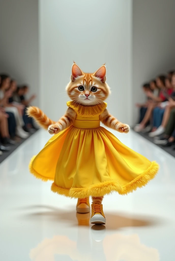 (photorealism:1.2), cute ginger cat, yellow ballgown with sneakers, walking on the runway